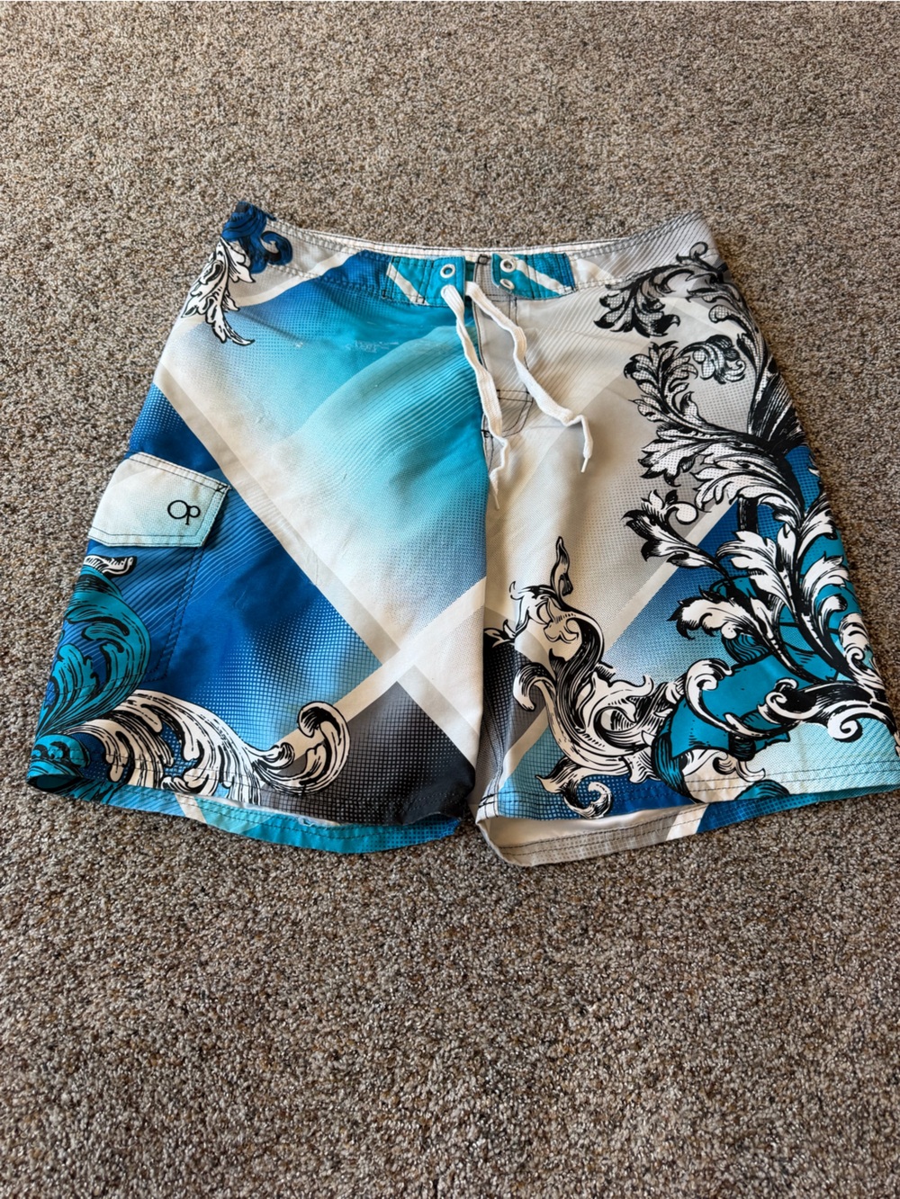 Ocean Pacific OP Mens 36 Y2K Board Shorts Blue Baroque Graphic Surf Swim Trunks